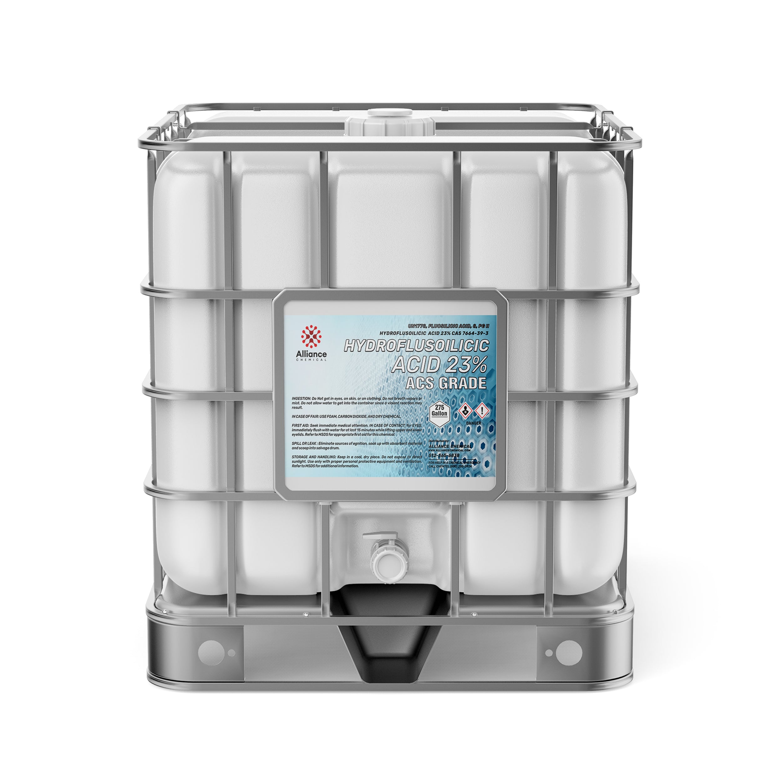 275-gallon IBC tote of Hydrofluorosilicic Acid 23% ACS Grade, white container with metal cage frame, hazard warning label, and bottom discharge valve.